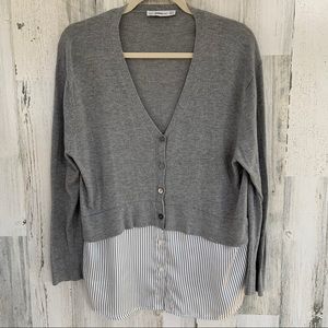 Gray V-Neck Button-Up Sweater with Striped Hem